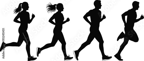 Running People Silhouettes Collection with Men and Women Jogging Fitness Training Black Vector Illustration Set