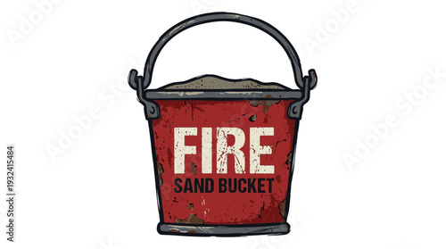 Red fire sand bucket with handle, filled with sand, isolated on white background