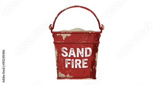 Red metal bucket filled with sand and text SAND FIRE