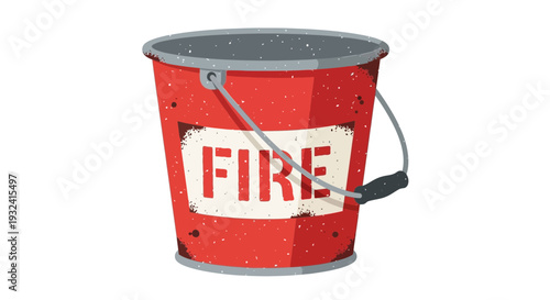Red metal fire bucket with handle and label reading FIRE