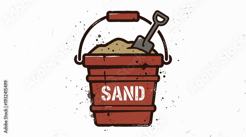 Red sand bucket with shovel, cartoon style, white background