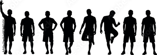 Male athlete standing and stretching silhouette collection showing different poses, fitness training and warm up exercise vector set isolated for sport activity design