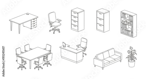 Office Furniture Collection Isometric Sketch Style.