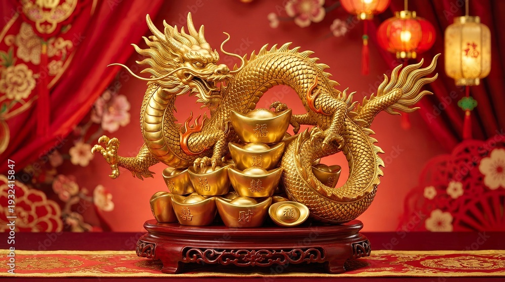 Fototapeta premium Golden dragon coiled around gold ingots, glossy metallic texture, red festival background, soft studio lighting, ultra detailed, minimalist