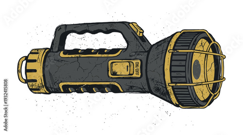Vintage flashlight, heavy duty, portable, retro design, graphic illustration