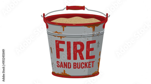 Vintage Metal Fire Sand Bucket with Handle, Isolated on White