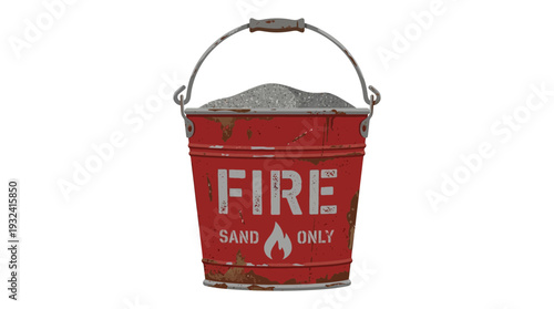 Vintage red fire bucket filled with sand, isolated on white background