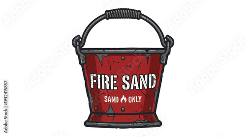 Vintage red fire sand bucket with rope handle and warning text