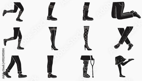 set of women shoes Black Silhouette Human Leg Poses and Activities Icons Set – Running Walking Sitting Vector Collection