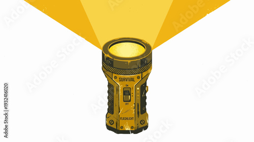 Yellow flashlight emitting bright light beams on white background, graphic illustration
