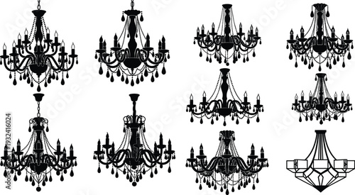 Elegant Chandelier Silhouette Set with Vintage Crystal Ceiling Lamps Decorative Lighting Vector Collection