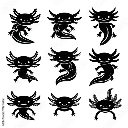 Axolotl Silhouette Set Cute Amphibian Characters in Different Poses