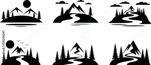 Mountain and forest landscape silhouette icon set with winding river, sun, clouds and pine trees, nature wilderness scenery vector collection for hiking and camping