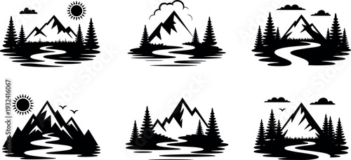 Mountain landscape silhouette collection with river, pine forest and sun, nature wilderness scenery vector icons set for hiking, camping and outdoor adventure design