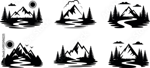 Mountain landscape silhouette icon set with pine forest, winding river and sun, nature wilderness scenery vector collection for hiking, camping and outdoor adventure design