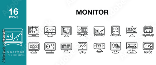 Monitor icon set. Includes monitor, screen, display, computer, desktop and More. Editable Stroke Icon Collection.
