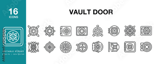 Vault Door icon set. Includes vault, door, safe, security, bank, strongroom and More. Editable Stroke Icon Collection.