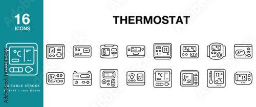 Thermostat icon set. Includes thermostat, temperature, control, climate, heating and More. Editable Stroke Icon Collection.