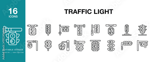 Traffic Light icon set. Includes traffic, light, signal, stop, go, wait, red and More. Editable Stroke Icon Collection.