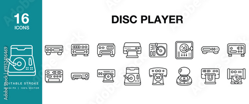 Disc Player icon set. Includes disc, player, cd, dvd, bluray, optical, media and More. Editable Stroke Icon Collection.