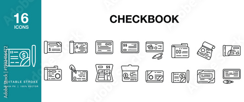 Checkbook icon set. Includes checkbook, cheque, banking, finance, payment and More. Editable Stroke Icon Collection.
