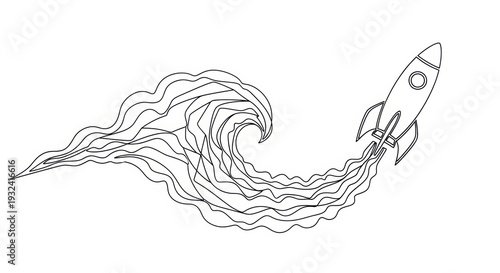 Hand-drawn rocket ship launching with smoke trail, symbolizing space exploration and innovation
