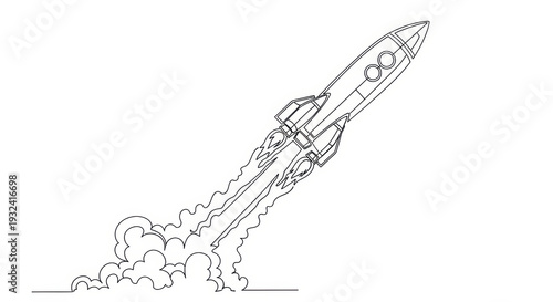 Line Art Rocket Launching into Space with Smoke Trails