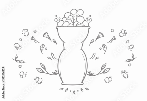 Elegant Floral Vase with Minimalist Line Art Featuring Delicate Leaves and Blooming Flowers in a Symmetrical Composition