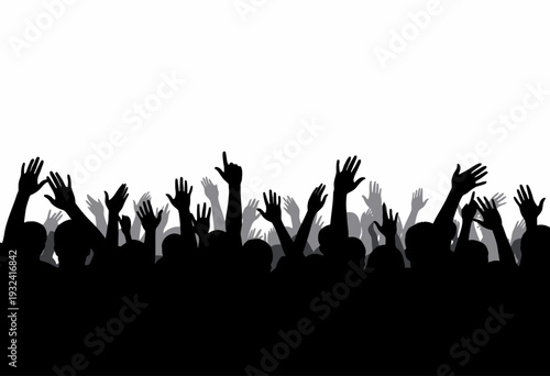 Crowd of Enthusiastic People Raising Hands in Unison Against a Clear Sky Symbolizing Unity, Excitement, and Collective Participation at a Public Gathering or Event