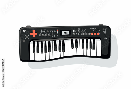 Illustration of a Modern Digital Keyboard with Unique Baas Health Design Featuring a Display Screen and Varied Controls for Enhanced Musical Performance