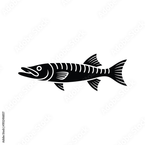 A striking black silhouette of a pike fish displayed in profile view