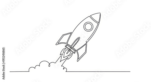 Minimalist continuous line drawing of a rocket launching with smoke and fire, symbolizing startup and space exploration.