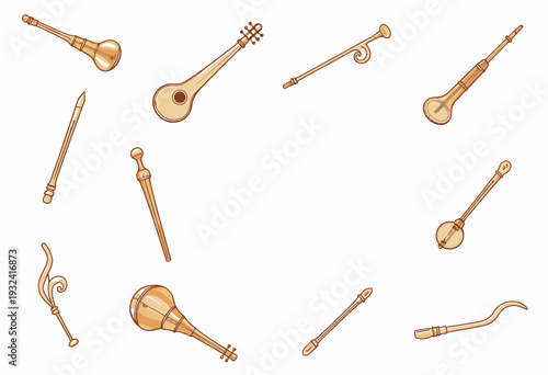 Illustration of Various Traditional and Historical Wind and String Instruments Spread Across a White Background