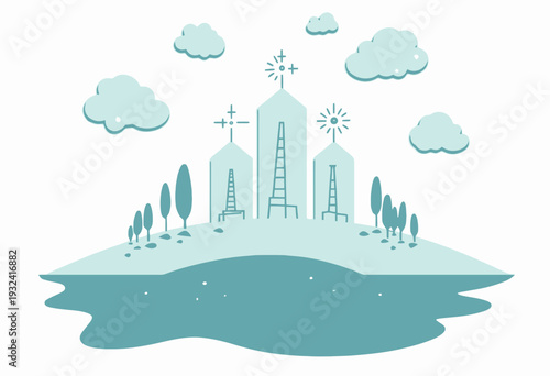Whimsical Illustration of a Futuristic Cityscape on a Hill with Stylized Skyscrapers Surrounded by Minimalist Trees and Clouds Reflecting in the Water