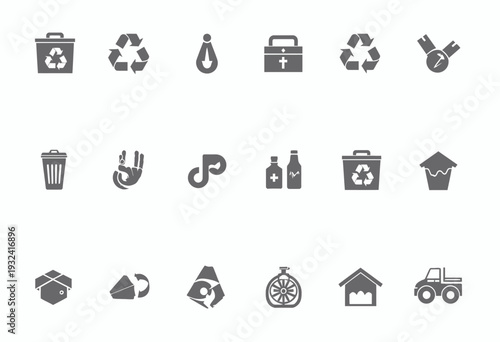 Collection of twenty gray waste management and recycling icons representing various environmental and sustainability concepts in a minimalist design