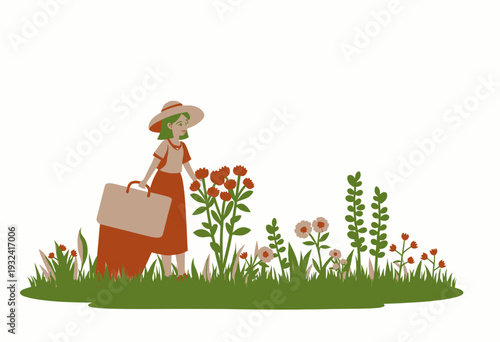 A Woman Dressed in a Red Dress and Hat Watering a Thriving Garden with Flowers and Greenery in a Peaceful Outdoor Setting