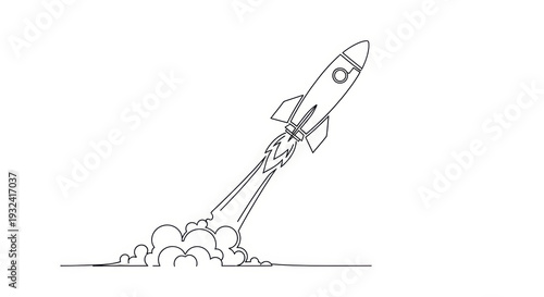Minimalist Line Art Rocket Launching into Space with Smoke and Flames
