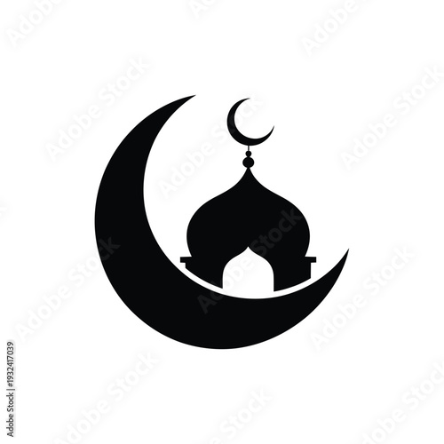 A simple black silhouette of a crescent moon and mosque dome