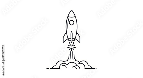 Minimalist Line Art Rocket Launching into Space with Smoke and Stars