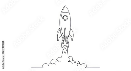 Minimalist Line Art Rocket Launching into Space with Smoke Clouds