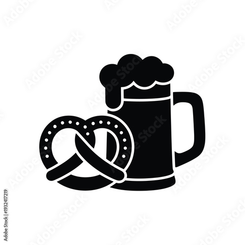 A black silhouette of a beer mug with frothy foam and a pretzel