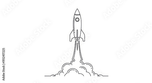 Minimalist Line Art Rocket Launching into Space with Smoke Clouds