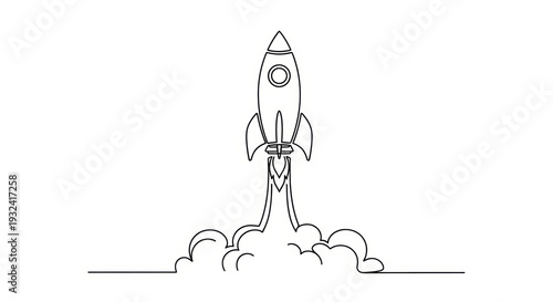 Minimalist Line Art Rocket Launching into Space with Smoke Clouds