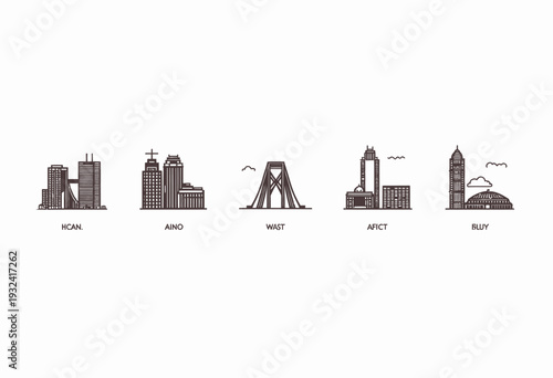 Stylized Minimalist Skyline Illustrations Depicting Various Modern Urban Cityscapes with Unique Architectural Elements and Structures