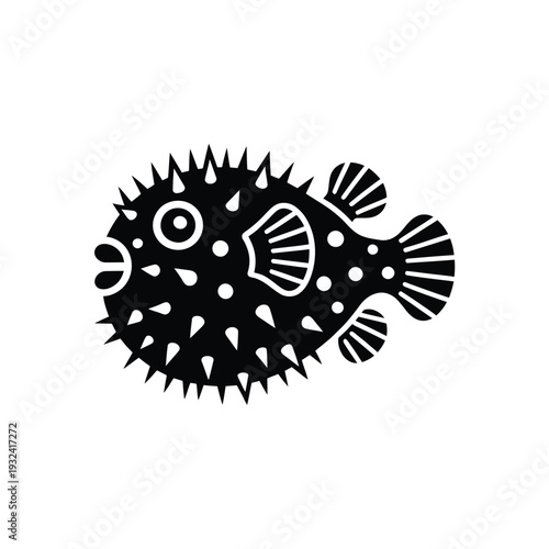 A stylized black and white illustration of a spiny pufferfish