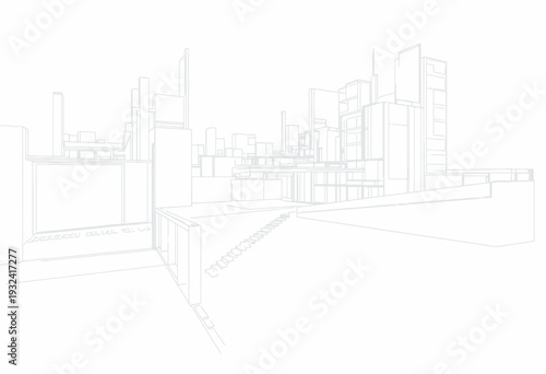 Minimalist Architectural Line Drawing of Modern Urban Cityscape with Geometric Skyscrapers and Futuristic Buildings