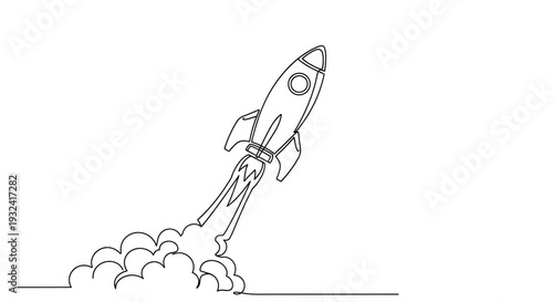 Minimalist line art rocket launching into space with smoke trail, representing startup and innovation.