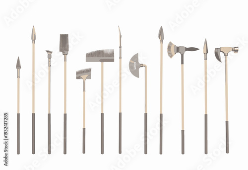 Collection of Various Gardening Tools with Wooden Handles and Metal Blades for Efficient Landscaping and Horticultural Activities Displayed in a Row