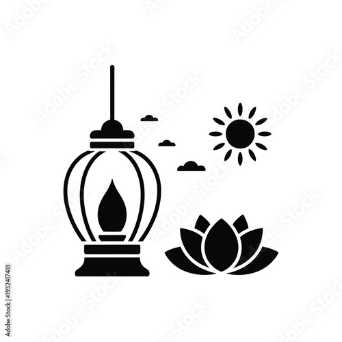 Simple black silhouette depicting a lantern sun clouds and lotus