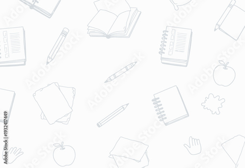 Seamless Pattern Featuring School Supplies Including Books, Notebook, Pencils, and Apples Depicting Educational Theme on Monochrome Background